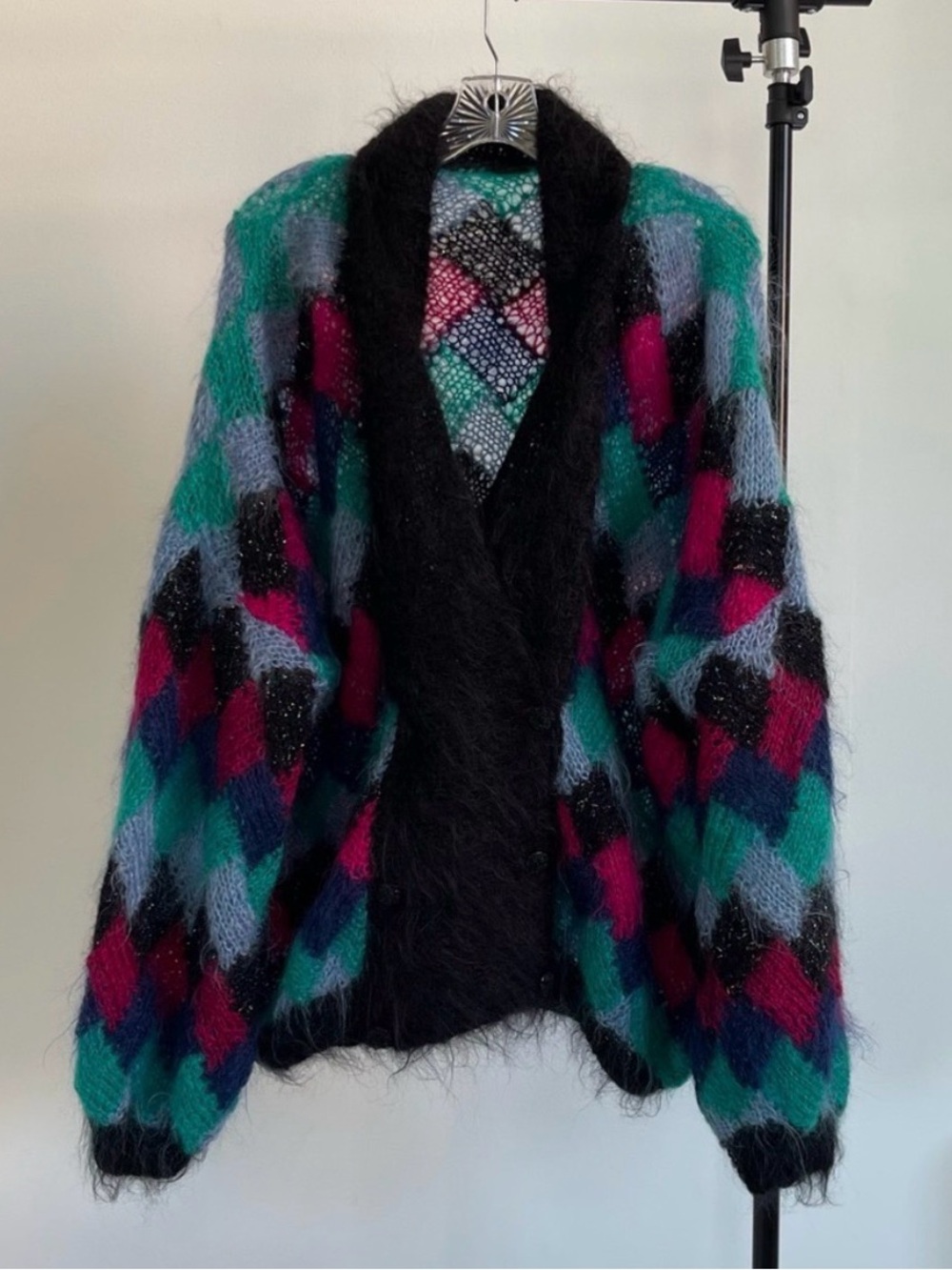 Vintage Teal Magenta Navy Diamond Knit Cardigan with Black Trim